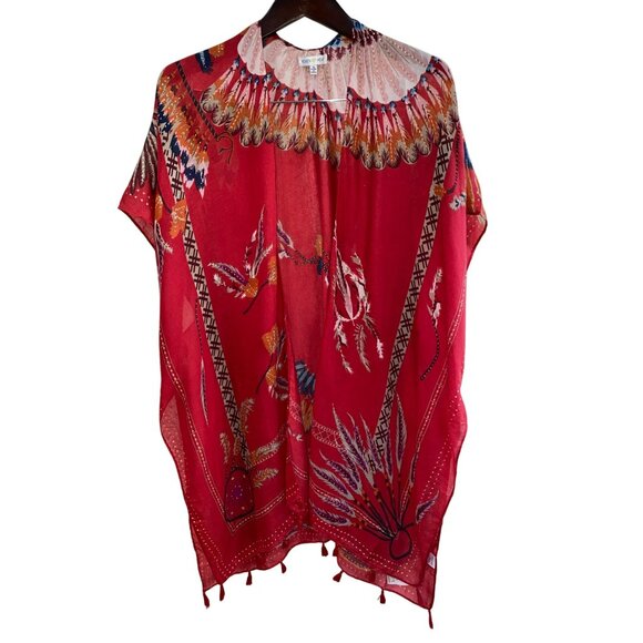 Woven Heart Red BOHO Native American Kimono Feather Vest Size S/M - Picture 2 of 6